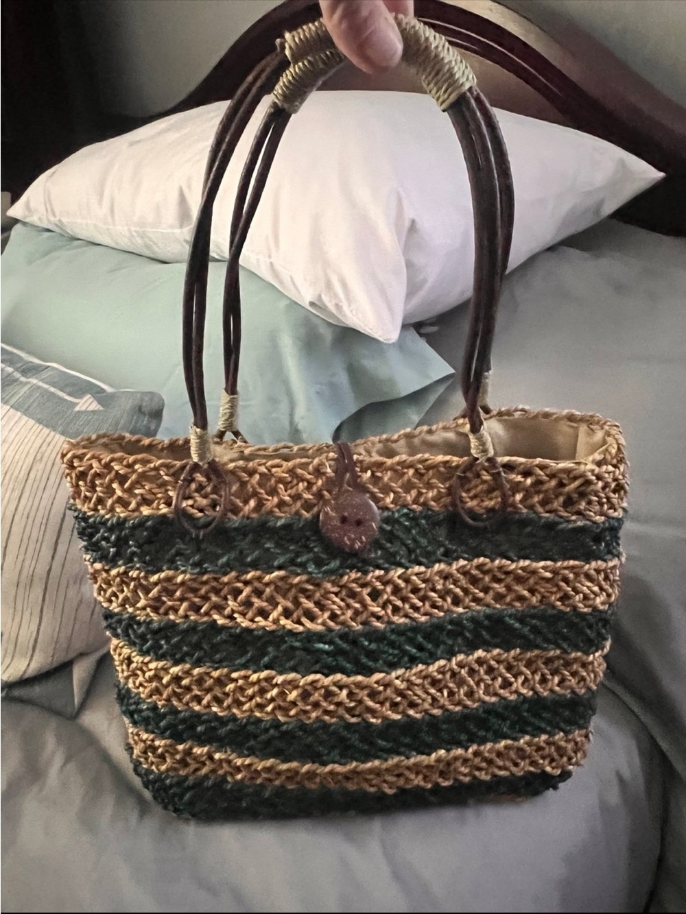 Vintage Woven Straw Stripe Tote - Green & Natural